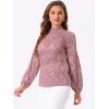 imageAllegra K Womens Floral Lace Top Turtleneck Puff Long Sleeve See Through Sheer BlouseGrey Pink