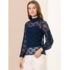 imageAllegra K Womens Floral Lace Top Turtleneck Puff Long Sleeve See Through Sheer BlouseNavy Blue