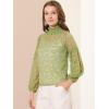 imageAllegra K Womens Floral Lace Top Turtleneck Puff Long Sleeve See Through Sheer BlousePea Green