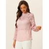 imageAllegra K Womens Floral Lace Top Turtleneck Puff Long Sleeve See Through Sheer BlousePink