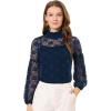 imageAllegra K Womens Floral Lace Top Turtleneck Puff Long Sleeve See Through Sheer BlouseNavy Blue