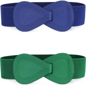 imageAllegra K 2pcs Womens Plus Size Elastic Waist Belt Interlock 8shaped Faux Leather Buckle BeltsGreen  Blue