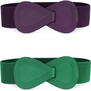 imageAllegra K 2pcs Womens Plus Size Elastic Waist Belt Interlock 8shaped Faux Leather Buckle BeltsGreen  Purple
