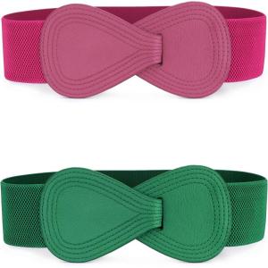 imageAllegra K 2pcs Womens Plus Size Elastic Waist Belt Interlock 8shaped Faux Leather Buckle BeltsGreen  Rose Red