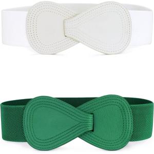 imageAllegra K 2pcs Womens Plus Size Elastic Waist Belt Interlock 8shaped Faux Leather Buckle BeltsGreen  White