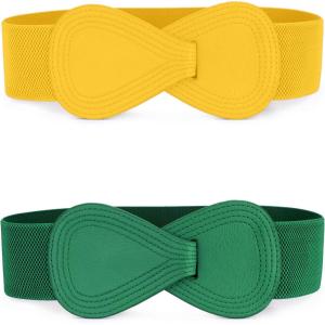 imageAllegra K 2pcs Womens Plus Size Elastic Waist Belt Interlock 8shaped Faux Leather Buckle BeltsGreen  Yellow