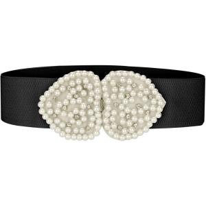 imageAllegra K Heart Shape Design Faux Pearl Rhinestone Decor Waist Belts for WomenBlack