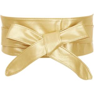 imageAllegra K Ladies Faux Leather Self Tie Bowknot Wide Waist Band Sash Obi Belt for DressesGold