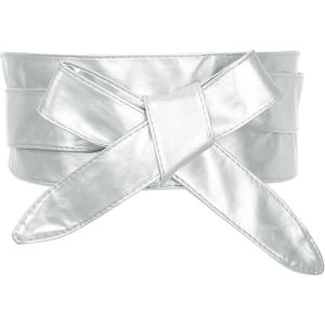 imageAllegra K Ladies Faux Leather Self Tie Bowknot Wide Waist Band Sash Obi Belt for DressesSilver
