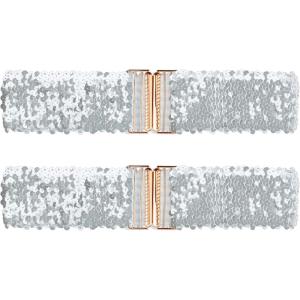 imageAllegra K Ladies Shinny Wide Waist Belts Interlock Buckles Sequins Decor Stretchy Belts for Women 2PCSSilver