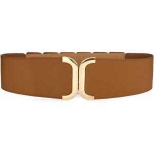 imageAllegra K Lady Textured Faux Leather Stretchy Fabric Cinch Waist BeltBrown