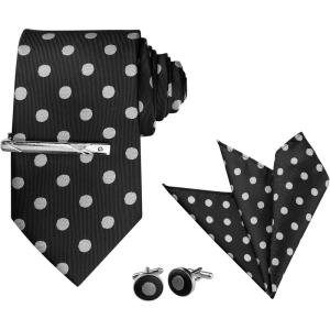 imageAllegra K Mens Polka Dots Selftied Tie Handkerchief Clip Cufflinks Wedding Business Necktie SetsBlack Gray