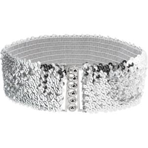 imageAllegra K Woman Sequin Detail 7cm Wide Textured Strentchy Waist Cinch Belt WaistbeltSilver Tone