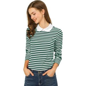 imageAllegra K Womens Contrast Collar Long Sleeves Peter Pan Collar Halloween Striped Blouse TopGreen