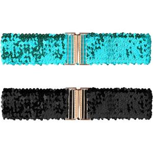 imageAllegra K Womens Elastic Waist Belts Interlock Buckles Sequins Decor Stretchy Wide Belts 2PCSBlue