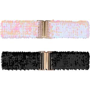 imageAllegra K Womens Elastic Waist Belts Interlock Buckles Sequins Decor Stretchy Wide Belts 2PCSCarnation