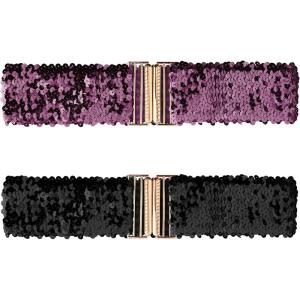 imageAllegra K Womens Elastic Waist Belts Interlock Buckles Sequins Decor Stretchy Wide Belts 2PCSDark Purple