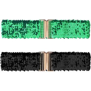 imageAllegra K Womens Elastic Waist Belts Interlock Buckles Sequins Decor Stretchy Wide Belts 2PCSGreen
