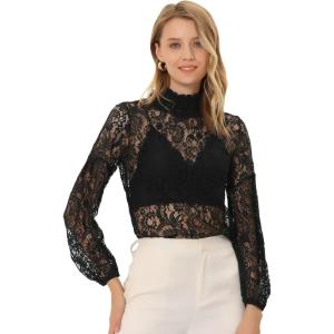 imageAllegra K Womens Floral Lace Top Turtleneck Puff Long Sleeve See Through Sheer BlouseBlack