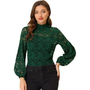 imageAllegra K Womens Floral Lace Top Turtleneck Puff Long Sleeve See Through Sheer BlouseDark Green