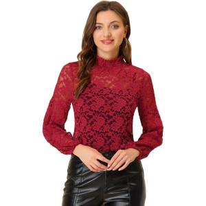 imageAllegra K Womens Floral Lace Top Turtleneck Puff Long Sleeve See Through Sheer BlouseDark Red