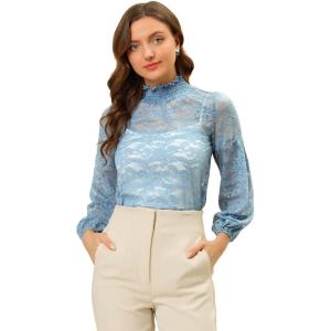 imageAllegra K Womens Floral Lace Top Turtleneck Puff Long Sleeve See Through Sheer BlouseGrey Blue