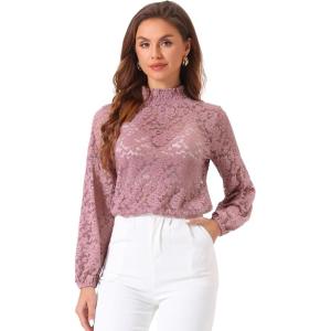 imageAllegra K Womens Floral Lace Top Turtleneck Puff Long Sleeve See Through Sheer BlouseGrey Pink