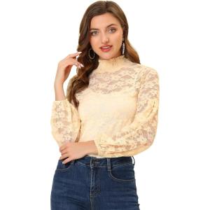 imageAllegra K Womens Floral Lace Top Turtleneck Puff Long Sleeve See Through Sheer BlouseLight Beige