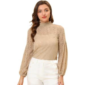 imageAllegra K Womens Floral Lace Top Turtleneck Puff Long Sleeve See Through Sheer BlouseLight Brown