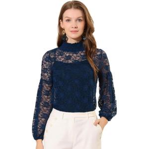 imageAllegra K Womens Floral Lace Top Turtleneck Puff Long Sleeve See Through Sheer BlouseNavy Blue