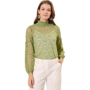 imageAllegra K Womens Floral Lace Top Turtleneck Puff Long Sleeve See Through Sheer BlousePea Green