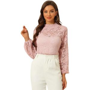 imageAllegra K Womens Floral Lace Top Turtleneck Puff Long Sleeve See Through Sheer BlousePink