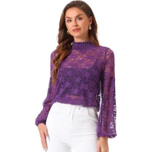 imageAllegra K Womens Floral Lace Top Turtleneck Puff Long Sleeve See Through Sheer BlousePurple