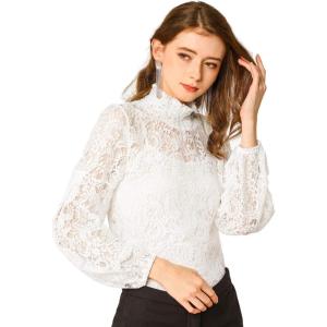 imageAllegra K Womens Floral Lace Top Turtleneck Puff Long Sleeve See Through Sheer BlouseWhite