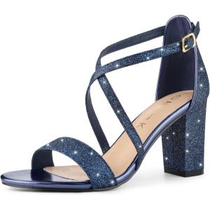 imageAllegra K Womens Glitter Crisscross Strap Block Heels SandalsBlue