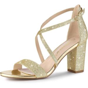 imageAllegra K Womens Glitter Crisscross Strap Block Heels SandalsGold