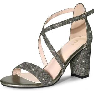 imageAllegra K Womens Glitter Crisscross Strap Block Heels SandalsPewter