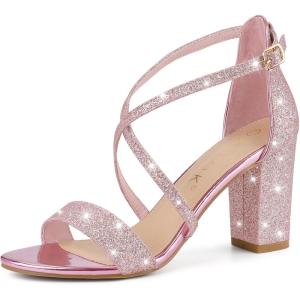 imageAllegra K Womens Glitter Crisscross Strap Block Heels SandalsPink