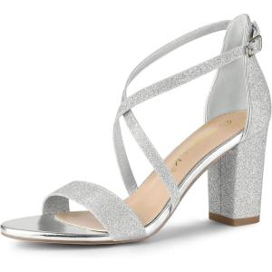 imageAllegra K Womens Glitter Crisscross Strap Block Heels SandalsSilver