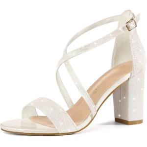 imageAllegra K Womens Glitter Crisscross Strap Block Heels SandalsWhite