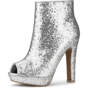 imageAllegra K Womens Glitter Platform Chunky Heeled Open Toe Heel Ankle BootsSilver