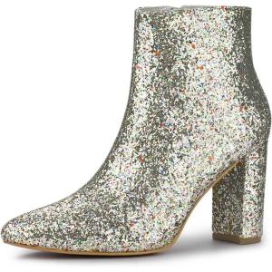 imageAllegra K Womens Glitter Pointed Toe Chunky Heel Ankle BootsSilver