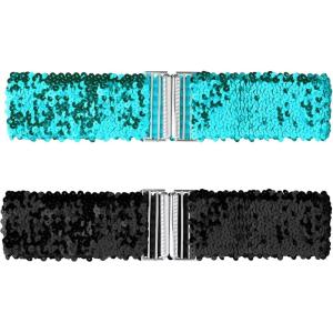 imageAllegra K Womens Glitter Stretchy Waist Belts Interlock Buckles Sequins Decor Wide Elastic Belts 2PCSBlue