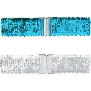 imageAllegra K Womens Glitter Wide Waist Belts Interlock Buckles Sequins Decor Stretchy Belts 2PCSBlue