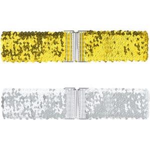 imageAllegra K Womens Glitter Wide Waist Belts Interlock Buckles Sequins Decor Stretchy Belts 2PCSGold