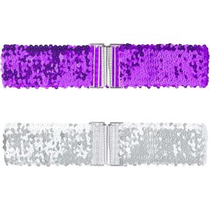 imageAllegra K Womens Glitter Wide Waist Belts Interlock Buckles Sequins Decor Stretchy Belts 2PCSLight Purple