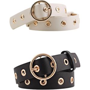 imageAllegra K Womens Grommet Belt Faux Leather Single Pin Buckle Punk Belts for Jeans PantsBlack  Beige