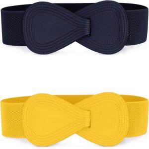 imageAllegra K Womens Plus Size Elastic Waist Belt Interlock 8shaped Faux Leather Stretchy Dress BeltsYellow  Navy Blue
