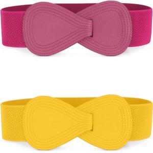 imageAllegra K Womens Plus Size Elastic Waist Belt Interlock 8shaped Faux Leather Stretchy Dress BeltsYellow  Rose Red