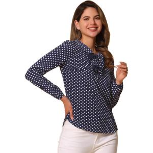 imageAllegra K Womens Vintage Ruffle Neck Chiffon Printed Top Halloween Long Sleeve Casual Office BlouseDark Bluepolka Dots